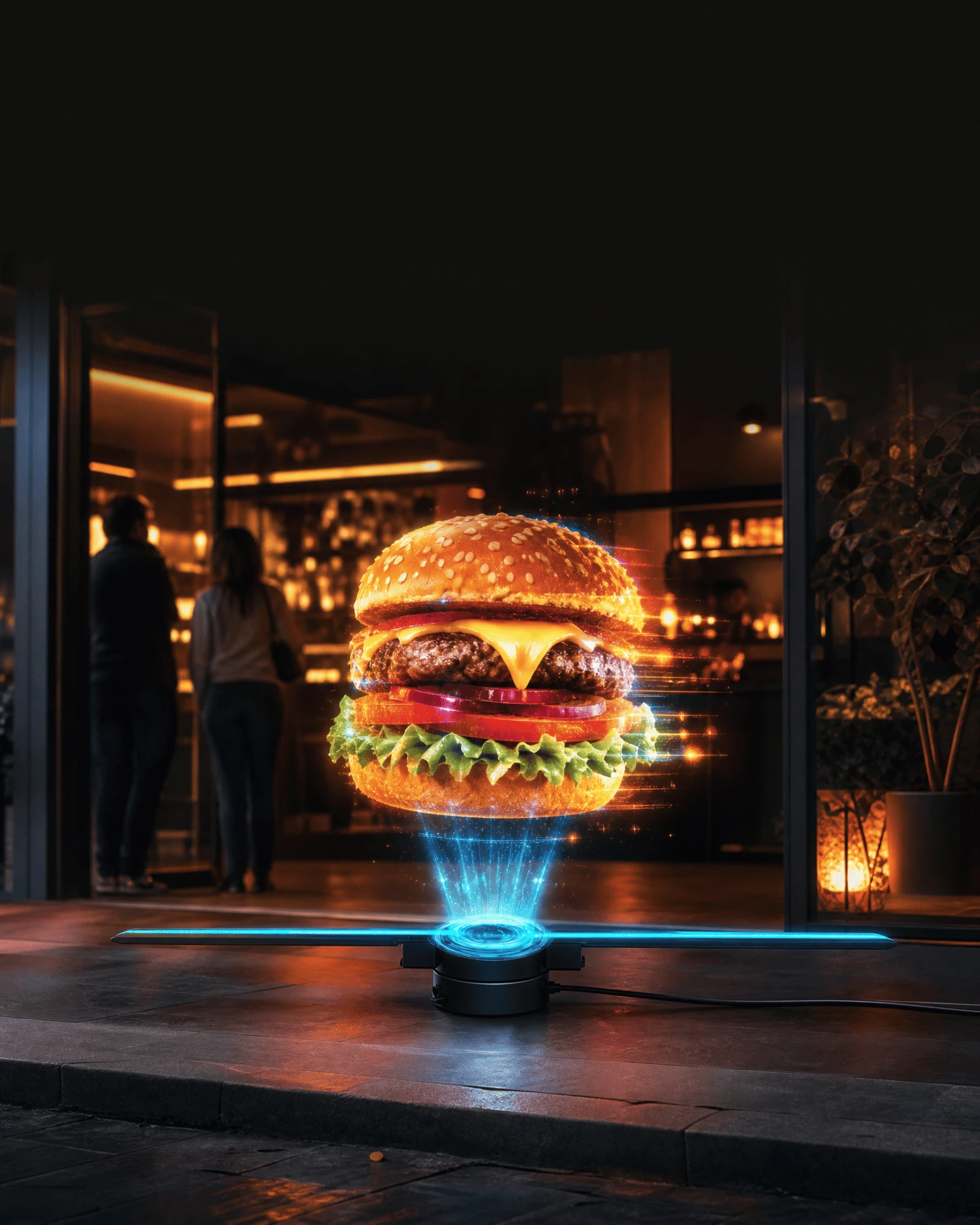 Ventilador holográfico 3D 42cm projetando um hambúrguer em 3D na entrada de um restaurante
