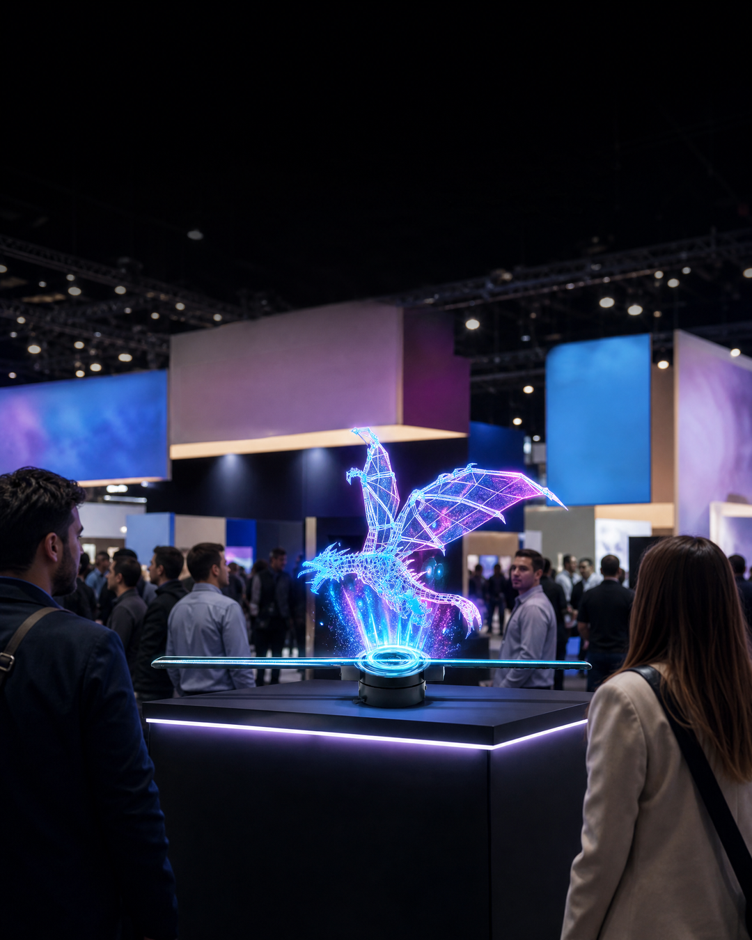 Display holográfico 3D chamando atenção do público em uma feira comercial