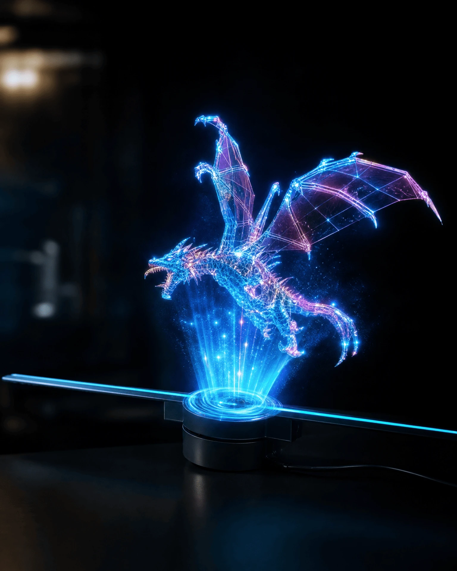 Close do projetor holográfico 3D exibindo um dragão em wireframe azul e rosa